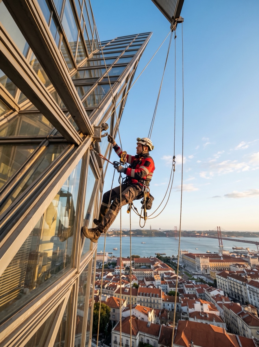 Técnico em trabalho vertical sobre fachada em Lisboa