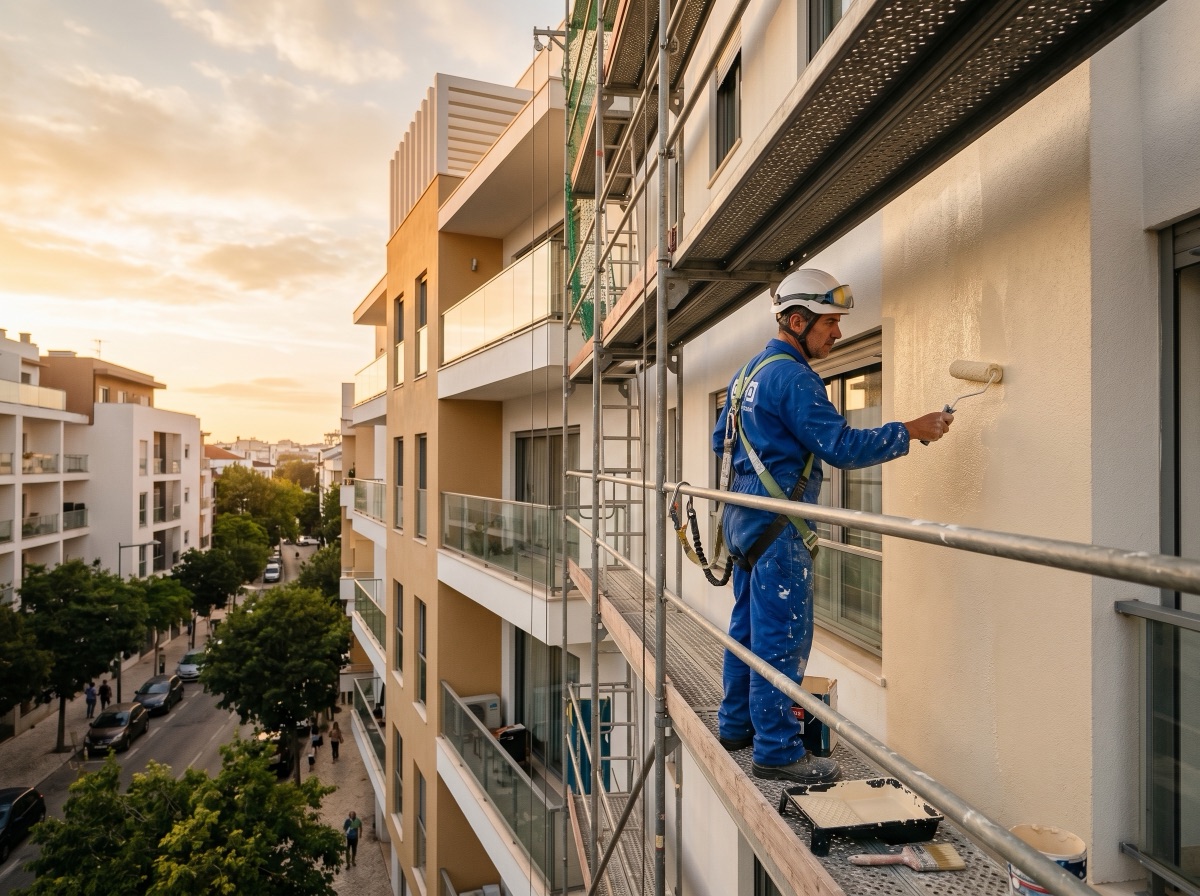 Pintor profissional a pintar a fachada de um prédio residencial